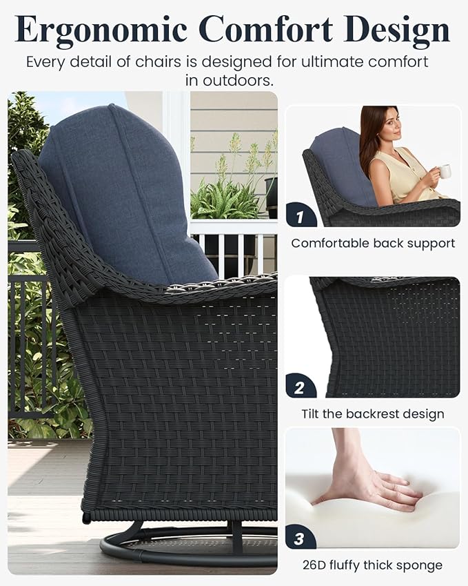 LayinSun 5 Piece Wicker Outdoor Furniture Set with 6-inch Comfy Cushions, High Back Patio Furniture Set with Swivel Rocking Chairs and Fire Pit Table