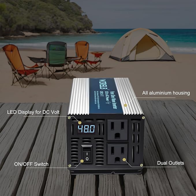 WZRELB 1000W Pure Sine Wave Inverter 48V DC to 110V 120V AC,Car Power Inverter with Dual AC Outlets, LED Display,Off-Grid Portable Power Converter for Home, RV, Truck, Camping