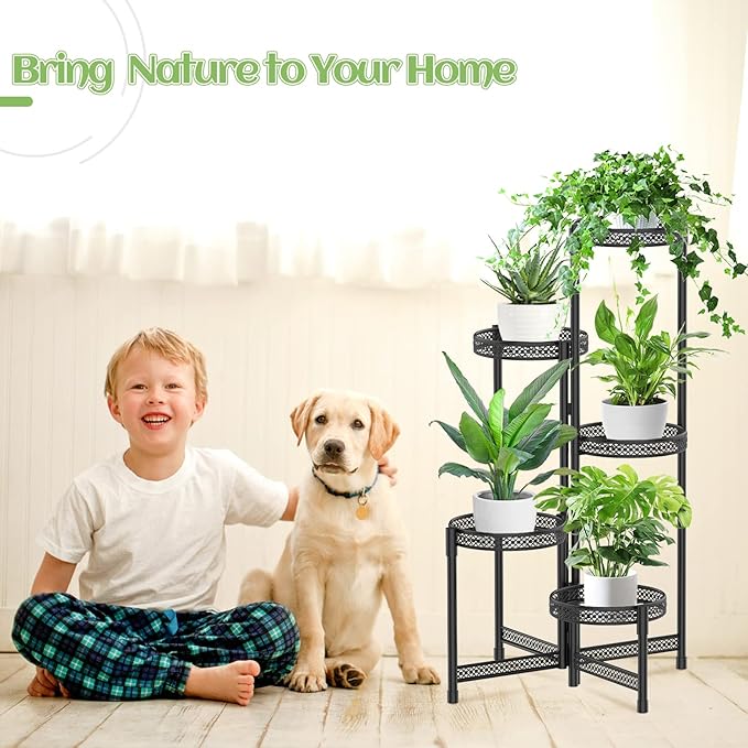 iDavosic.ly Plant Stand Indoor Outdoor, 5 Tier Corner Metal Flower Display Holder Shelf, Folding Tall Orchid Rack for Patio Balcony Porch Garden Living Room House, Wrought Iron - Modern Black