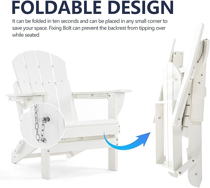 Folding Adirondack Chair, HDPE Outdoor Texture Lawn Chair with Reclining Back, Cup and Phone Holder - Comfortable Firepit Chair Weather Resistant for Patio or Backyard (White, Set of 1)