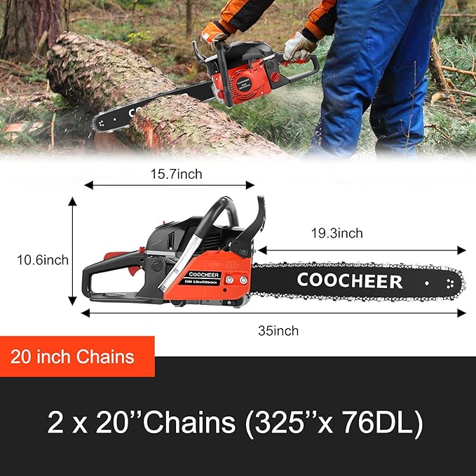 COOCHEER 20 Inch Gas Chainsaw, 62cc Gas Powered Chainsaws 3.5HP 2-Cycle Petrol Handheld Gasoline Chain Saw for Tree Wood Cutting, 2 Chains Included