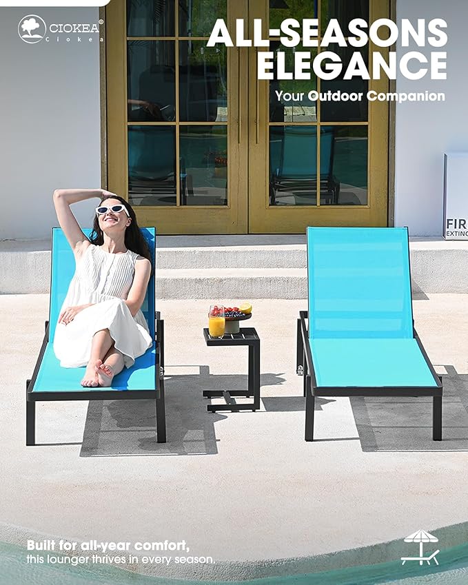 Patio Chaise Lounge Chair Set of 2, Outdoor Lounge Chairs with Wheels, 5-Position Adjustable Sun Loungers for Pool, Deck, Beach, Lake Blue