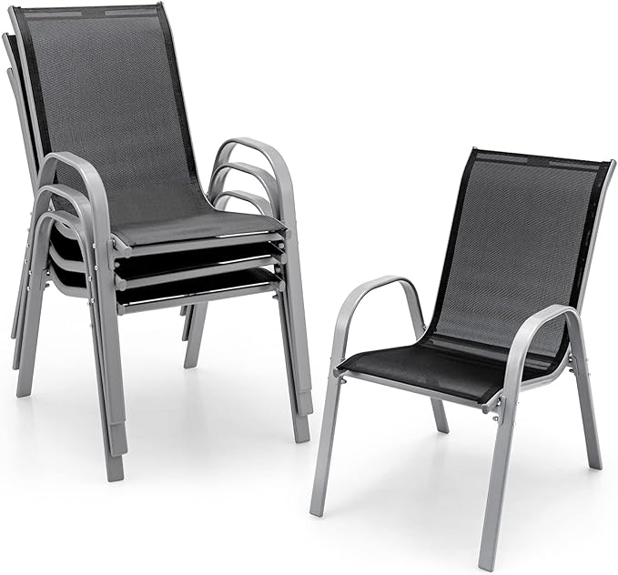 Tangkula Patio Dining Chairs Set of 4, Outdoor Stackable All Weather Heavy Duty Dining Chairs Set with Armrests, Support 330 LBS, for Poolside, Backyard, Garden, Deck, Front Porch (Black)