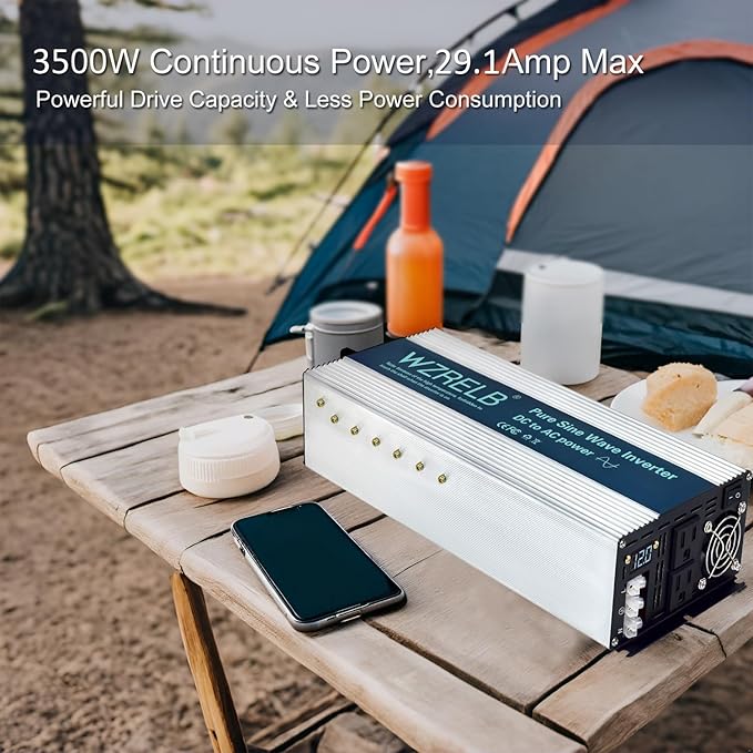 WZRELB 3500W Pure Sine Wave Inverter, Car Power Inverter 72V DC to 110V 120V AC Converter for RV, Truck, Solar, Outdoor with Dual AC Outlets, Hardwire Port, Surge 7000W, LED Display,Off-Grid