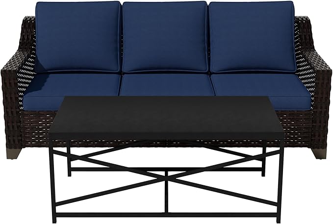 Vista Vibe 2 Pieces Outdoor Patio Conversation Furniture Set - 78" 3-seat Sofa | Metal Coffee Table, Deep Seat Loveseat, Removable Cushions, Hand-Woven PE Rattan Couch, Lawn (Brown/Navy)