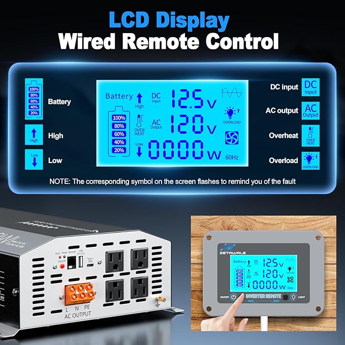 3000 Watt Pure Sine Wave Inverter 12v DC to 110v 120v AC Converter,6000W Peak Power Inverter with 4 AC Outlets,USB Port,Type-C,Remote Control LCD Display for Truck, RV, Vehicles, Solar Off-Grid