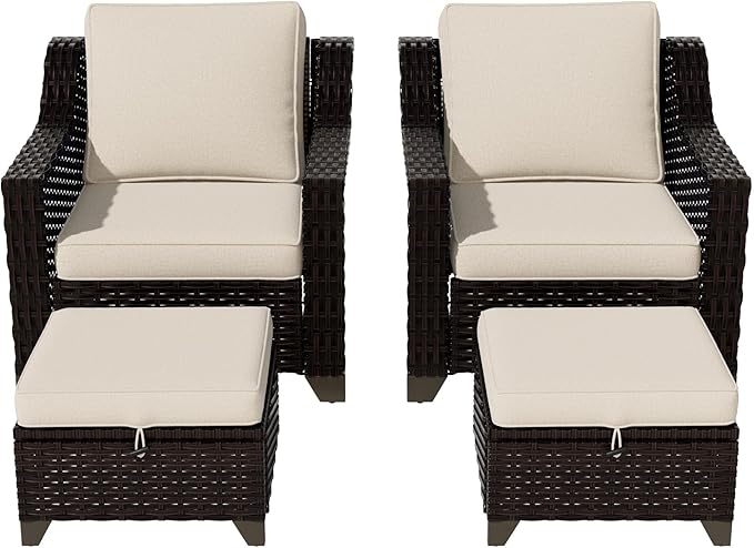 Vista Vibe 4 Pieces Outdoor Patio Conversation Furniture Set - 2 Luxurious Armchairs | 2 Wicker Ottomans, Removable Cushions, Hand-Woven PE Rattan, Office, Porch (Brown/Beige)