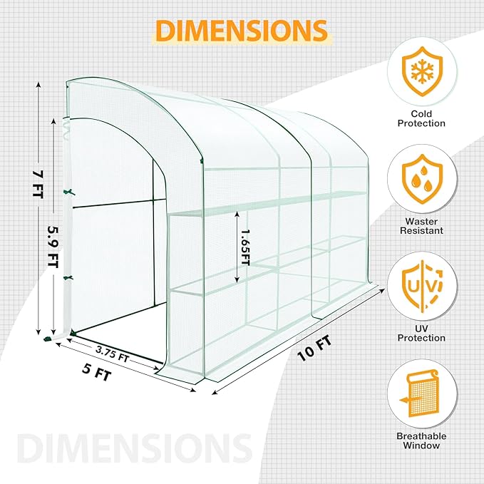 EAGLE PEAK 3 Tier Lean to Portable Greenhouse, Heavy-Duty Indoor & Outdoor Garden with Wire Shelves, 2 Roll-Up Zipper Doors, Easy Assembly, 120"x60"x84" Clear/White PE Cover