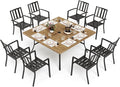 PHI VILLA 9 Pieces Outdoor Dining Set for 8, 60” Wood-Like Large Square Metal Steel Dining Table & Stackable Iron Chairs, Dining Furniture Set for Patio, Deck, Yard, Porch