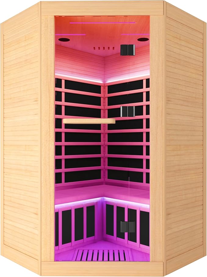 Sauna Room Far Infrared Saunas Home 1 to 3 Person Canadian Hemlock 2180W Low-EMF Dry Sauna with Oxygen Bar/7 Color Therapy/9 Heating Plates/Control Panel/Speakers 20-Year Aftersale