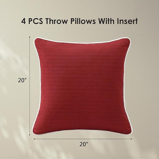 Decorative Outdoor Water Repellent Throw Pillows with Inserts, Set of 4, 20" x20" Pillows for Patio, Backyard, Bed, Couch, and Patio Furniture, Red