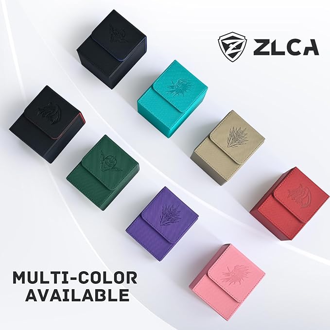 ZLCA Card Deck Box for Trading Cards with 2 Dividers, Card Storage Box Fits 100+ Single Sleeved Cards, PU Leather Card Deck Case Holder for Magic Commander TCG CCG （Black&Red,Emperor Dragon）