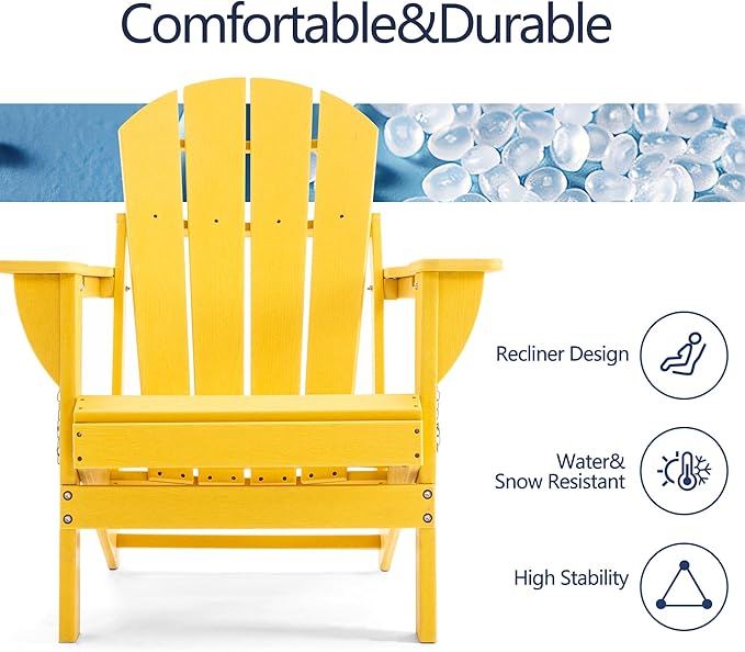 Folding Adirondack Chair, HDPE Outdoor Texture Lawn Chair with Reclining Back, Cup and Phone Holder - Comfortable Firepit Chair Weather Resistant for Patio or Backyard (Yellow, Set of 2)
