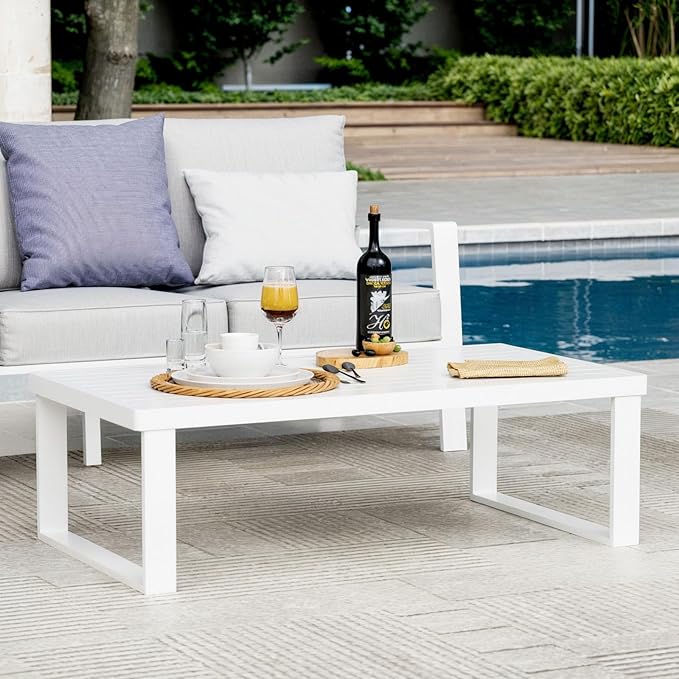Aluminum Outdoor Coffee Table - White Rectangle Patio Tables for Deck, and Poolside