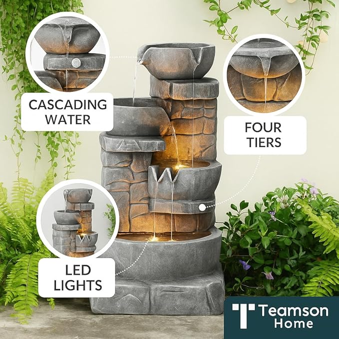 Teamson Home 33" Outdoor Water Fountain with LED Lights, 3-Tier Cascading Bowls, Weather-Resistant Resin Garden Water Feature for Patio, Lawn, and Backyard Decor – Stone Gray