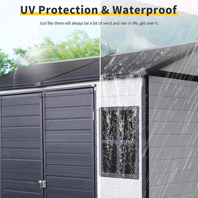 Outdoor Storage Shed with Two-Window and Lockable Door, 8 x 6 FT Resin Storage Shed, Plastic Tool Shed with Floor for Gargen, Patio, Yard, Lawn
