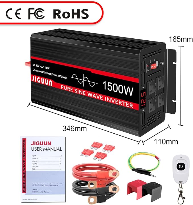 JIGUUN 1500 Watt Pure Sine Wave Inverter DC 12V to AC 120V Converter, Remote Control Power Car Inverter with LED 4 AC Outlets USB Output for Outdoor Camping RV.