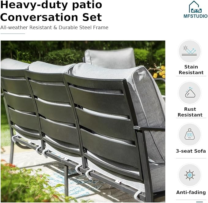 MFSTUDIO 5 Pieces Patio Conversation Sets, Outdoor Metal Furniture Sofas with 1 x 28 50,000 BTU Square Propane Gas Fire Pit Table and 4 x Steel Frame Patio Sofa Swivel Chairs with Grey Cushion