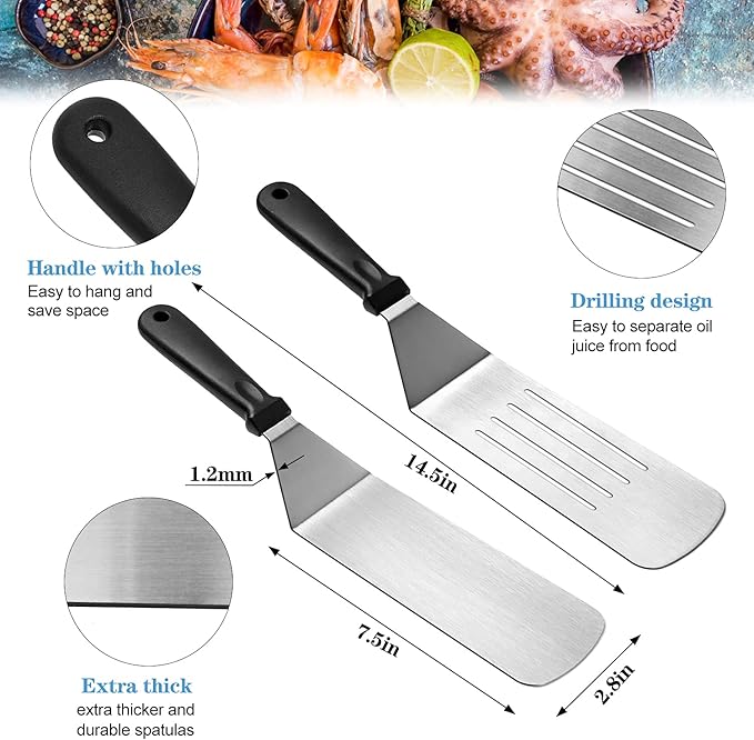 Flat Top Griddle Accessories Set for Blackstone and Camp Chef, Professional Grill Spatula Set with Burger Spatulas Scraper, BBQ Tool Griddle Utensils Kit for Men Outdoor Flattop Grills Cooking (Black)