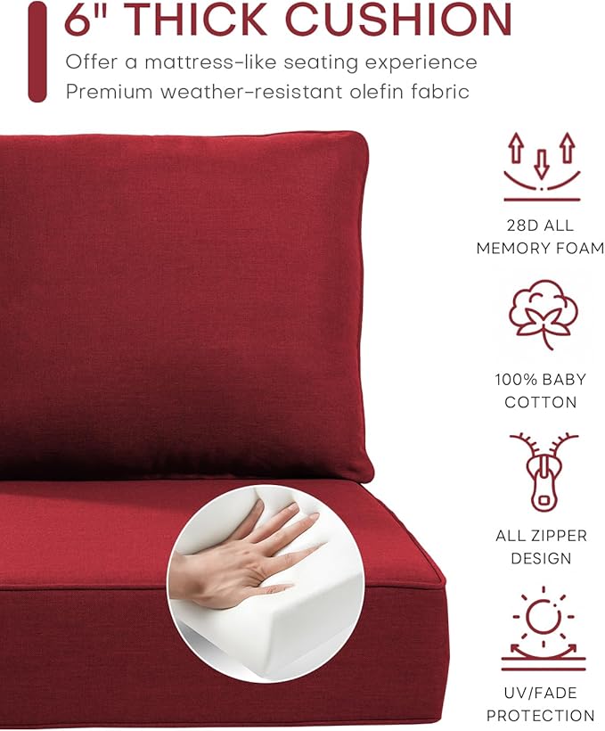 Luxury 22x24/22x25 6-Inch Patio Chair Cushions Set of 3 - Memory Foam Deep Seat Water-Resistant Patio Cushion for Lawn Dining Rocking Swivel Chairs Loveseat 3-Seater Sectional Sofa - Red