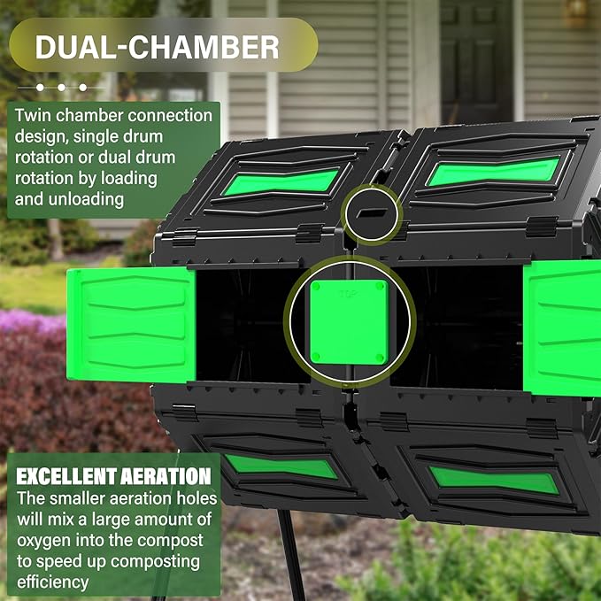 45 Gallon Dual Chamber Compost Tumbler, BPA-Free Rotating Outdoor Composter for Kitchen Waste & Yard, Heavy-Duty Fast Composting Bin for Sustainable Winter Gardening & Spring Prep