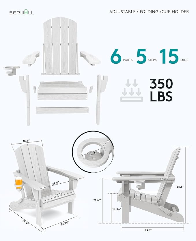 SERWALL Folding Adirondack Chair Set of 6, Reclining Adirondack Chair with 3 Recline Positions, All Weather HDPE Outdoor Adirondack, White