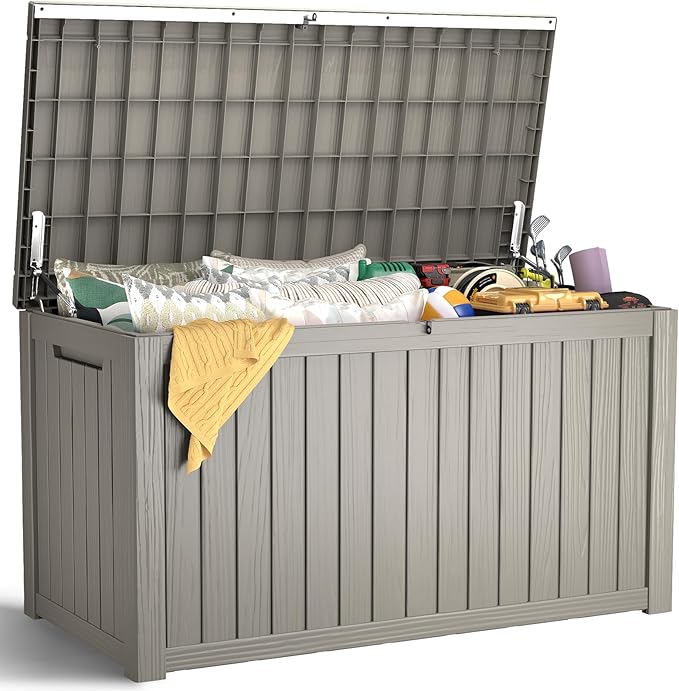 Outdoor Storage Box, 180 Gallon Waterproof Resin Deck Box, Storage Bin for Package Delivery, Patio Furniture Cushion, Garden Tools, Pool Accessories, Weatherproof and UV Resistant, Grey