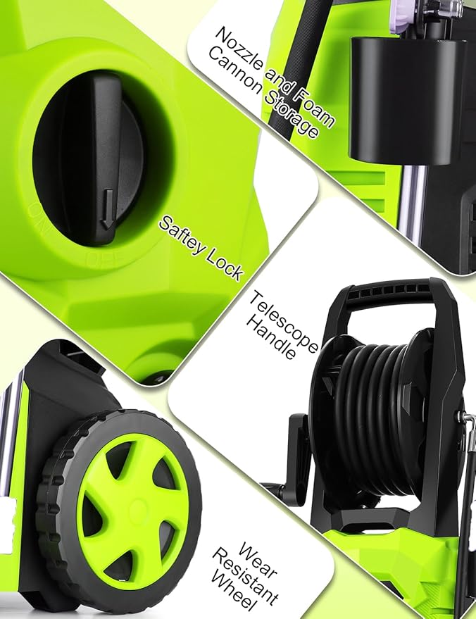 5000PSI Pressure Cleaner - 2025 New Power Cleaner with Upgraded 33ft Pressure Cleaner Hose Reel, Foam Cannon, 4 Nozzle Set, Power Cleaner for House/Patios/Car/Fence, Green