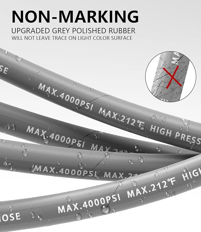 Pressure Washer Hose 100FT 4000 PSI, Kink Resistant Steel Braided Layer & NonMarking Rubber for Hot/Cold Water, High Power Washer Hose With 3/8 Inch Quick Connect & M22 Fitting, Gray