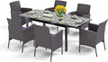 PHI VILLA 7 Pieces Outdoor Dining Set for 6, Expandable Rectangular Metal Table & Wicker Chairs with Cushions, Large Furniture Set for Patio, Deck, Yard, Porch