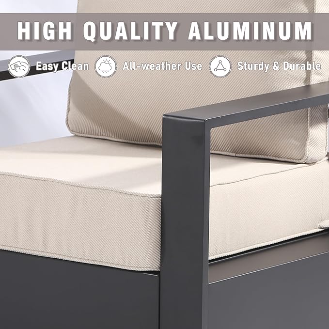 3 PCS Aluminum Patio Conversation Set - Outdoor 3-Seater Sofa, 2 Fixed Chair with 6" Thick Water-insistant Cushions, All-Weather Use Frame, Removable Cover, Ideal for Garden, Poolside (Beige)