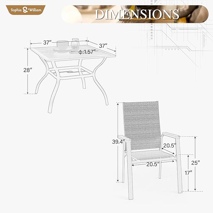 Sophia & William Patio Dining Set 5 Pieces, 4 Stackable Aluminum Textilene Dining Chairs with 37"x 37" Square Dining Table, Patio Table Chair Set for Outdoor Garden Lawn (Blue)