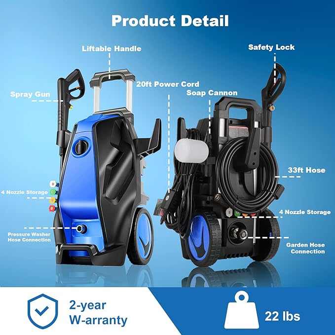 5000PSI Electric Pressure Washer with 33FT Hose 4.0GPM Power Washers Electric Powered Professional High Pressure Cleaner Machine, Foam Cannon, 4 Tips, powerwashers for Home Cars, LBlue