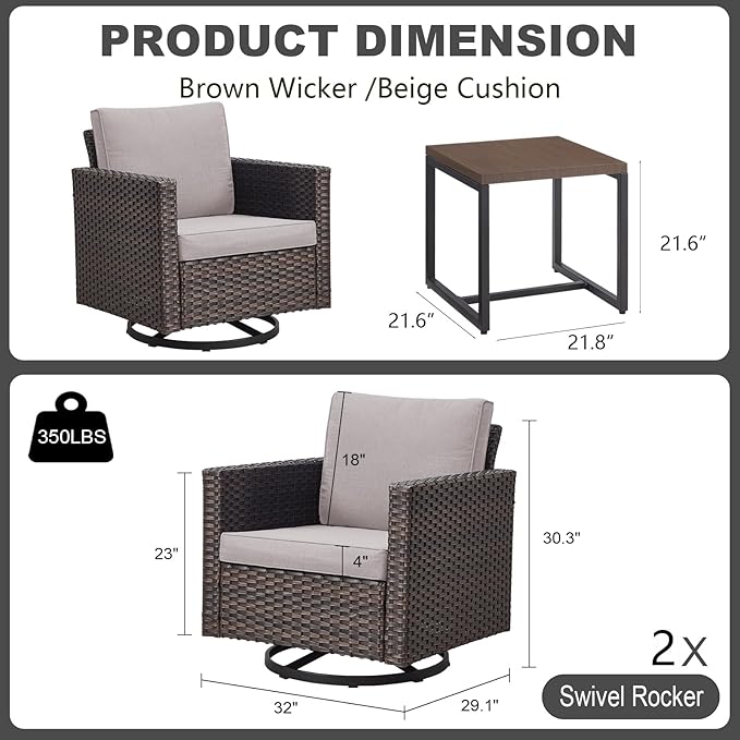Outdoor Swivel Rocker Patio Chairs Set of 3 - Two Patio Swivel Rocker Chairs with Wide Wicker Armrests, Brown / Beige