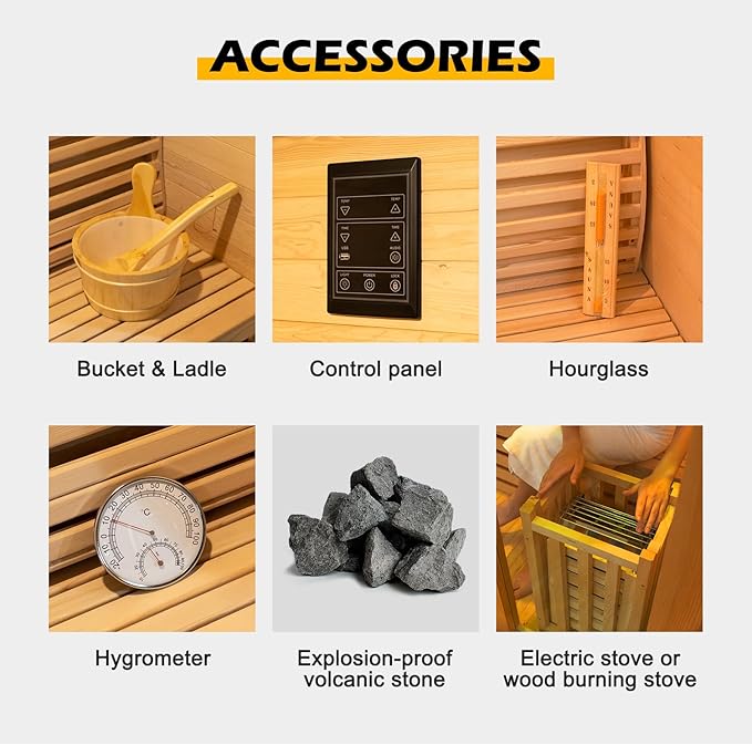 ZONEMEL Wooden Steam Sauna Room, 3 Person Canadian Hemlock Luxurious Indoor Sauna with 6 KW Harvia Stove Heater, WiFi Control, Sauna Stone, Wooden Bucket, Scoop, Reading Light, Hourglass, 220V