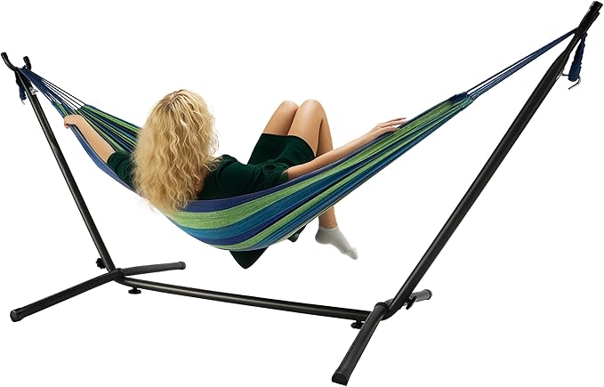 Hammock with Heavy-Duty Steel Stand for Outside，Hammocks 450 Lb Capacity，Portable Hammock，2 People Standing Hammocks，Suitable for Beach，Backyard, Gardens, Patio, Bedroom，100 * 40 * 38 Inch （Blue）