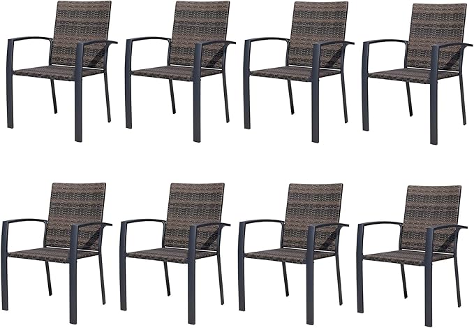 Outdoor Dining Chairs Set of 8, Stackable Patio Chairs with Woven Rattan Back & Seat, Perfect for Patio, Garden, or Deck, Rattan Gray Brown