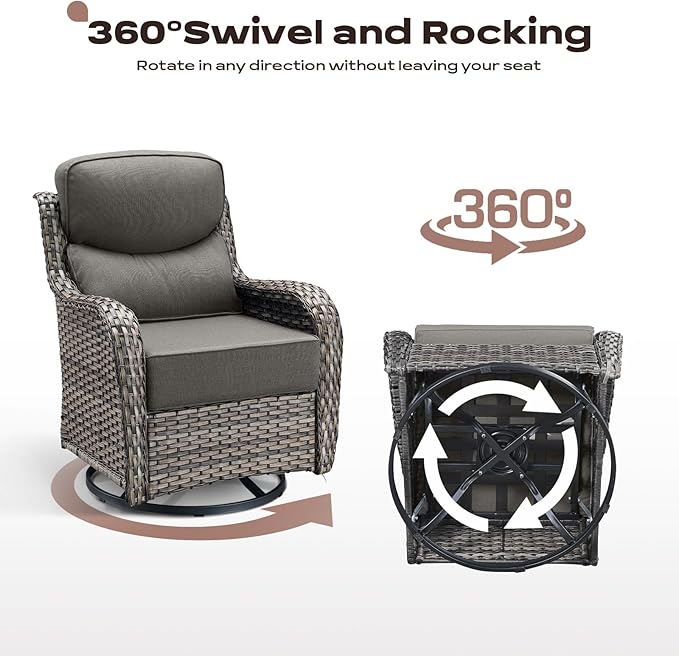 Rilyson Wicker Outdoor Patio Furniture Set - 4 Piece Patio Conversation Set with Swivel Rocker Chairs and Ottomans, 6 inch Cushions, High Back, Deep Seating, for Porch Deck Garden Mixed Grey/Grey