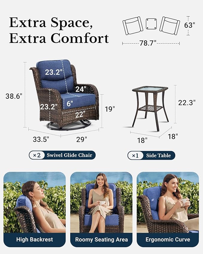 HILLGA Luxury Patio Furniture Set with 6-Inch Thick Cushions, High Back Outdoor Swivel Rocker Chairs and Table, 3-Piece All Weather Conversation Set for Porch Deck Balcony Yard, Blue (V3)