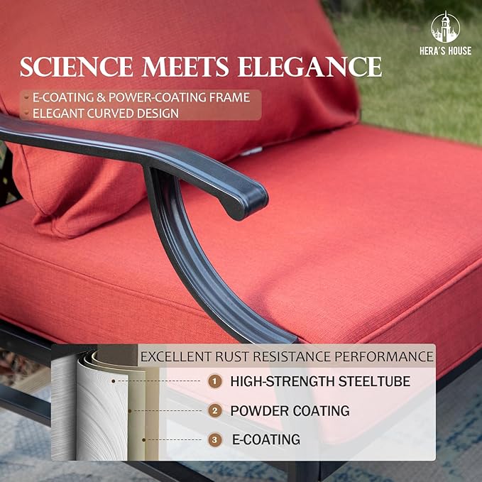 HERA'S HOUSE 4 Piece Patio Furniture Set, 2 x Swivel Cushioned Chair, 3-Seat Sofa with Marbling Coffee Table, All Weather Outdoor Conversation Set for Lawn Garden Backyard, Red