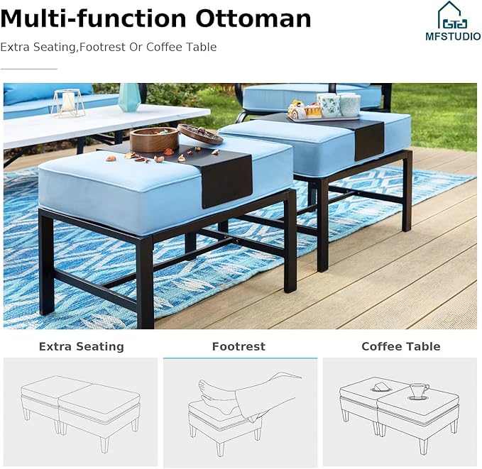MFSTUDIO 6 Pieces Patio Furniture Sets with 45" Gas Fire Pit Table(Up to 7 Seat),Outdoor Metal Conversation Sofas with 1 x 3-Seat Sofa, 2 Sofa Chairs and 2 Ottoman,Blue Cushion