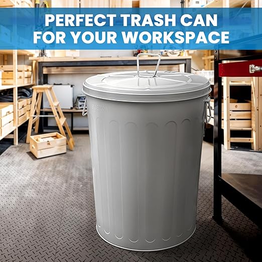 Plexon Large Metal Trash Can with Lid 20 Gallon, Decorative Outdoor Trash Can Heavy Duty Galvanized Metal Bucket with Lid for Garage Workshop Ash Storage Farmhouse, Gray 6 Pack
