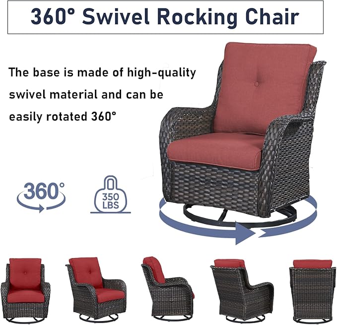 Luxury Wicker Swivel Patio Chairs Set of 3, Outdoor Swivel Rocking Chairs with Side Table, Outdoor Bistro Set for Patio, Porch, Yard, Deck, Poolside, Brown/Red