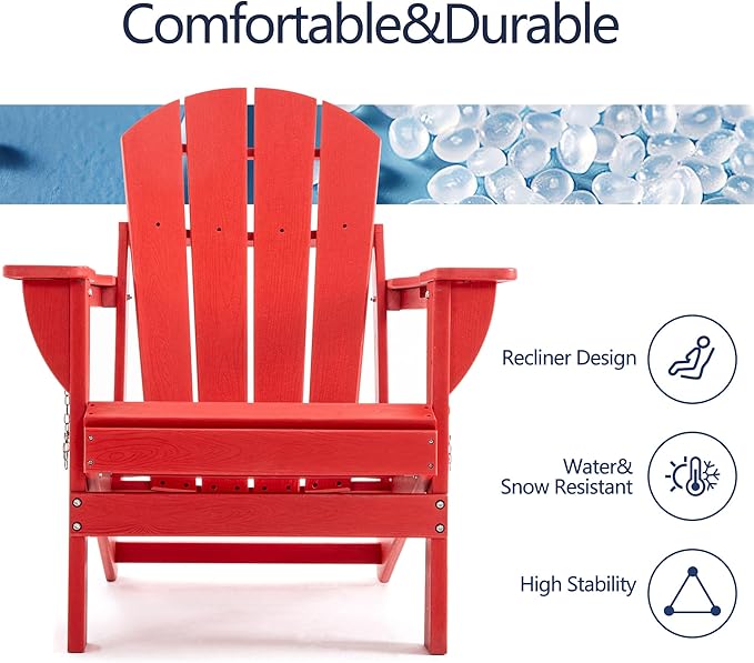 Folding Adirondack Chair, HDPE Outdoor Texture Lawn Chair with Reclining Back, Cup and Phone Holder - Comfortable Firepit Chair Weather Resistant for Patio or Backyard (Red, Set of 1)