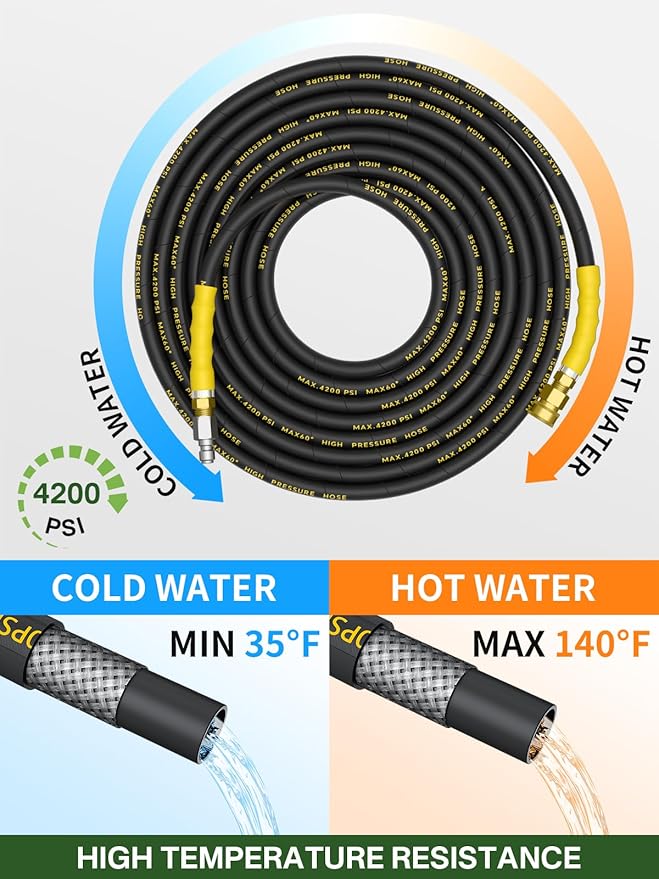 4200PSI Pressure Washer Hose 200FT with 3/8" Swivel Quick Connect for Cold/Hot Water, Kink Resistant Steel Wire Braided, Wear Resistant Power Washer Hose with 2 M22 14mm Adapter Set