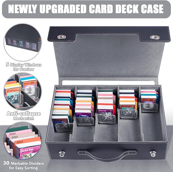 5-Row 3900+ Trading Card Storage Box for MTG, Card Deck Box with Snap-fit Design, 5 Card Sleeves, 10 Stoppers, 80 Dividers and 1 Dice Tray (Black-Grey)