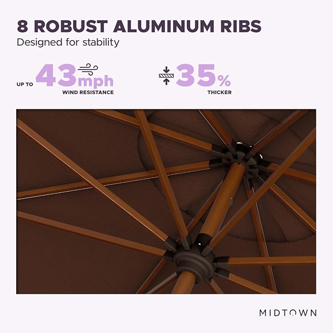 Midtown Umbrellas Sunbrella Umbrella Outdoor Patio Umbrella 2-9 Feet in Bay Brown Acrylic Fabric, Auto-Tilt Aluminum Frame For Backyard Umbrella, Deck Umbrella & Porch Umbrella - Wooden Pole
