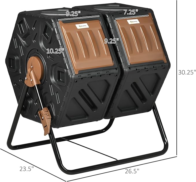 Compost Bin Outdoor, 43 Gallon Dual Chamber Tumbling Composting with Sliding Doors, Large Compost Tumbler, Compost Bin for Garden, Kitchen, and Yard Waste, Black+Brown