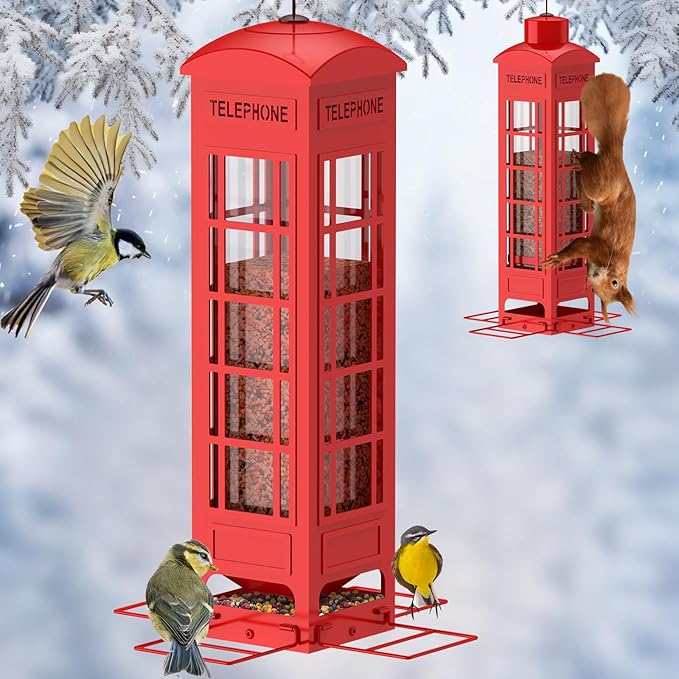 Squirrel Proof Bird Feeder Outdoor Hanging,Weight Activated Metal Mesh Red Bird Feeders 3LB Capacity,Outside Squirrel-Proof Heavy Duty Wild Birdfeeder for Finch Cardinal Bule Jay Chickadee