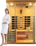 ZONEMEL Hybrid Wooden Sauna for 2-3 Person, Far Infrared & Steam Dual-System, 2100W 220V, 3.5KW Heater, 6 Heating Elements and Sauna Stove, 8mm Tempered Glass, Oxygen Bar, 7-Color Lights